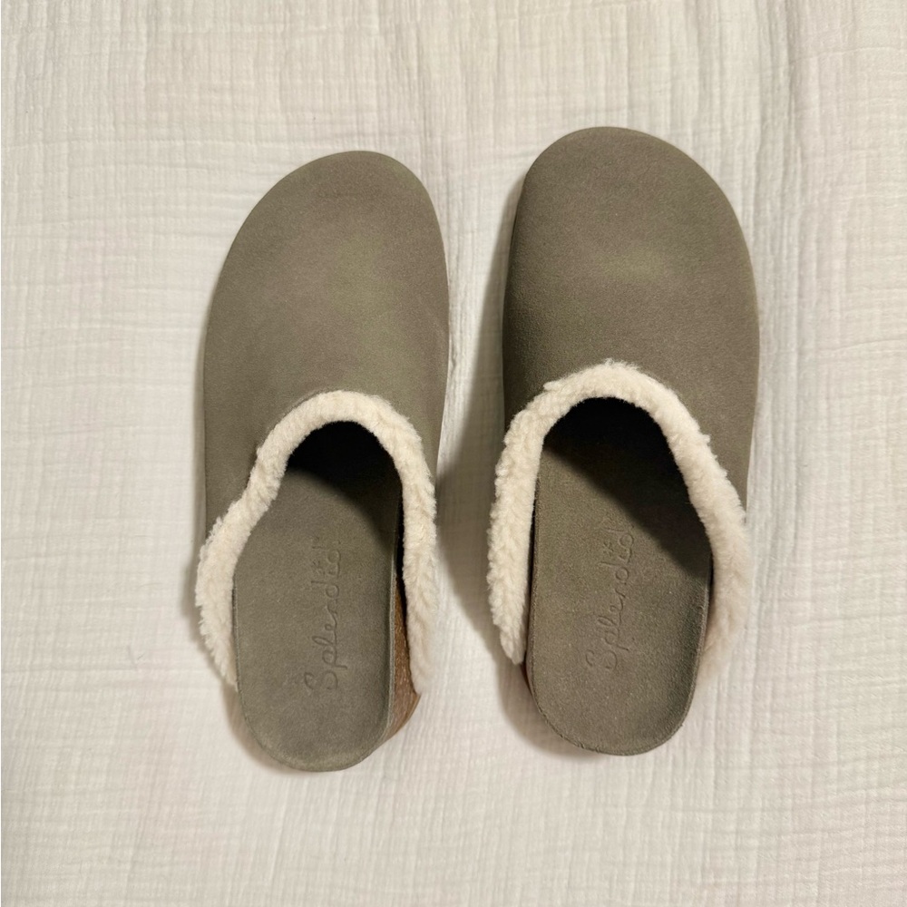 Splendid ‘Cora’ Green Khaki Shearling-Lined Mules